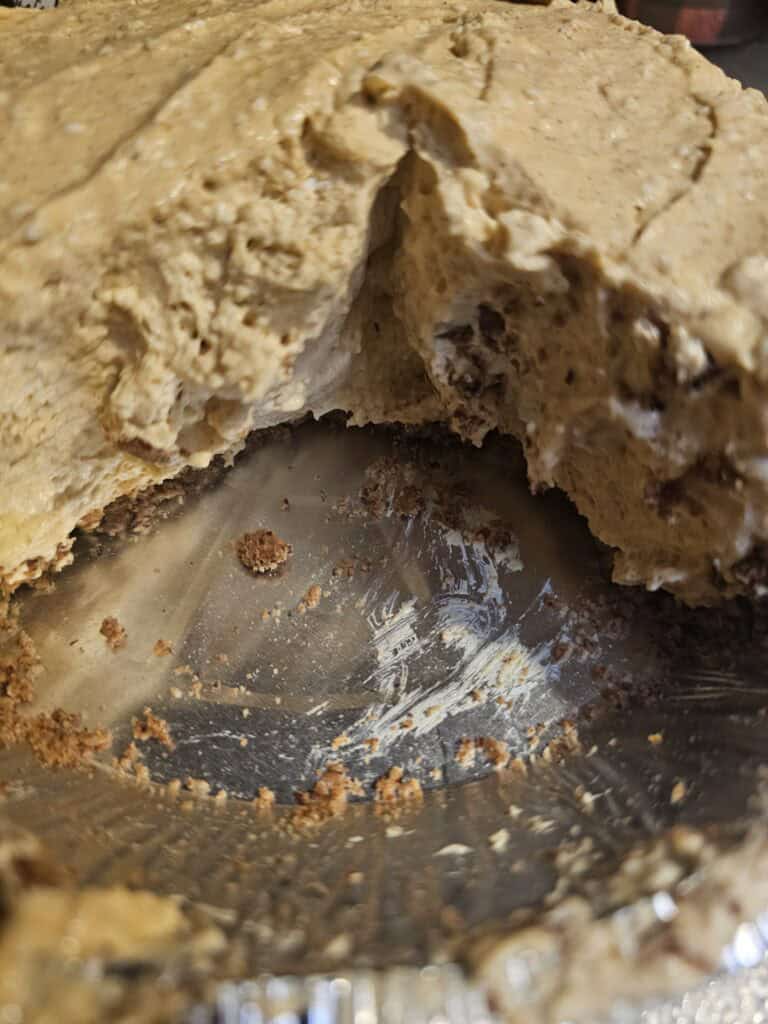 Slice taken out of pumpkin cream pie with pecan crust