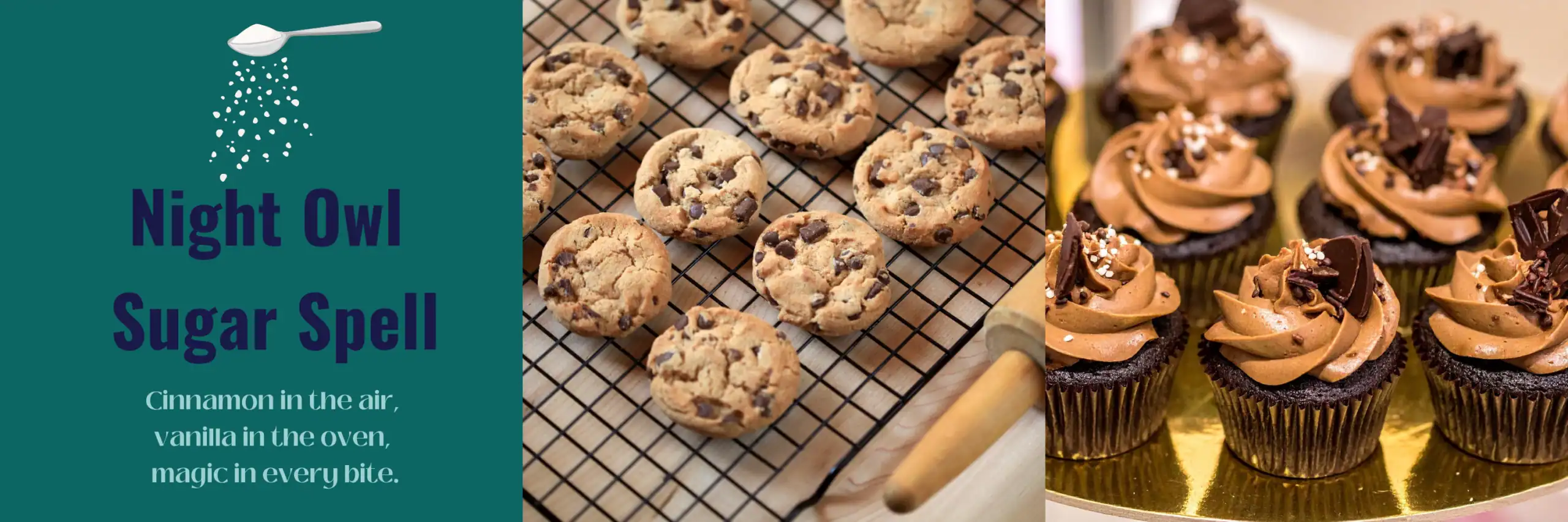 Chocolate chip cookies, chocolate cupcake with frosting, night owl sugar spell name and tagline